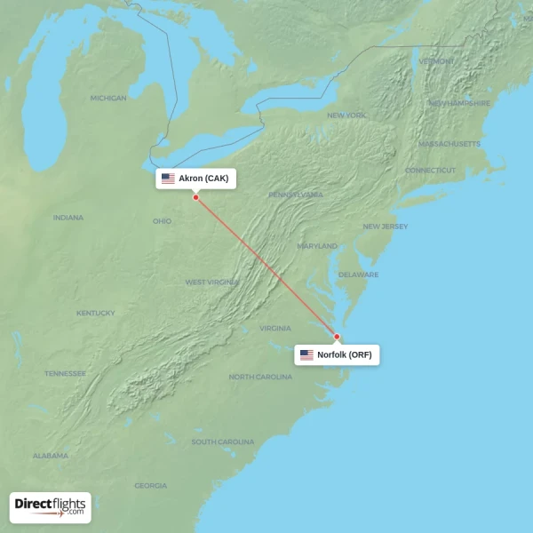 Norfolk - Akron direct flight map