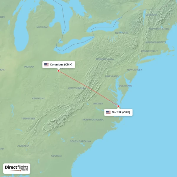 Norfolk - Columbus direct flight map