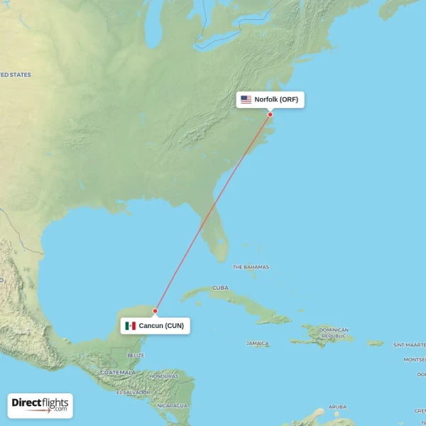 Norfolk - Cancun direct flight map
