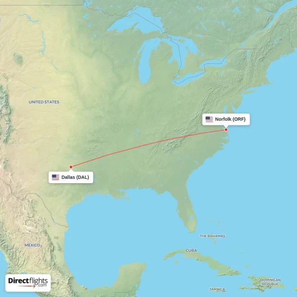 Norfolk - Dallas direct flight map