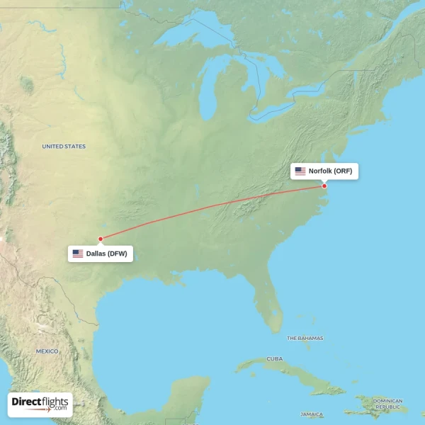 Norfolk - Dallas direct flight map