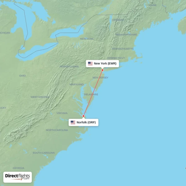 Norfolk - New York direct flight map