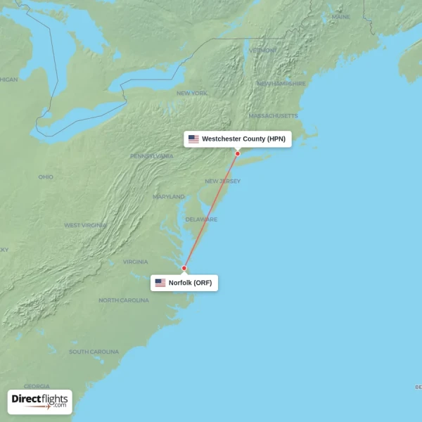 Norfolk - Westchester County direct flight map