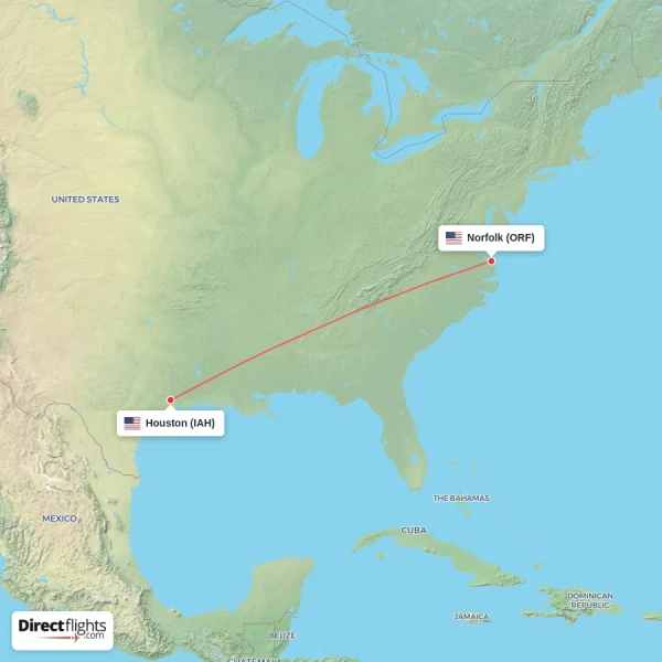 Norfolk - Houston direct flight map