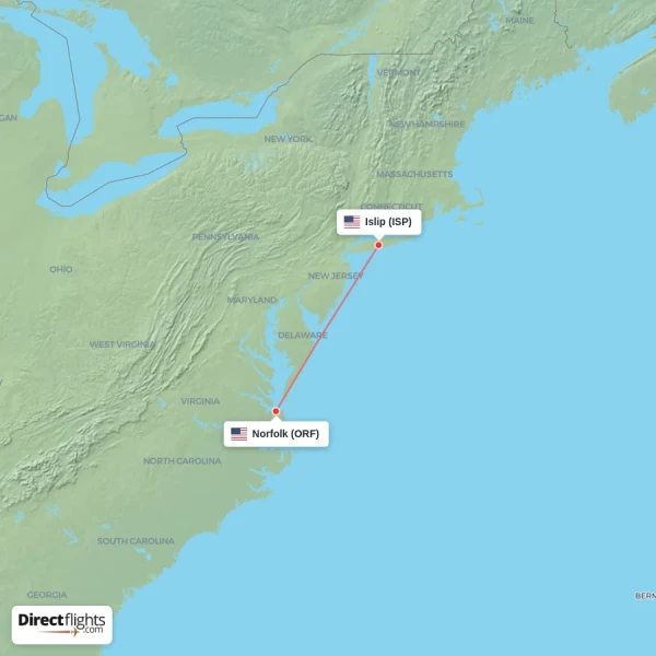 Norfolk - Islip direct flight map