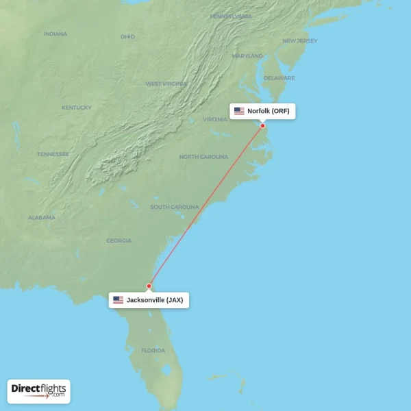 Norfolk - Jacksonville direct flight map