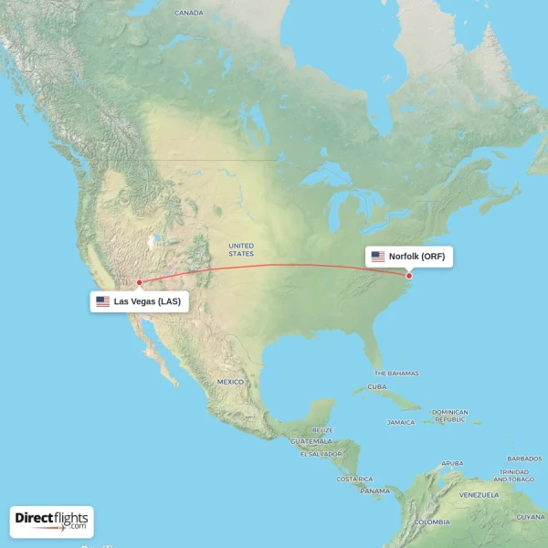 Norfolk - Las Vegas direct flight map