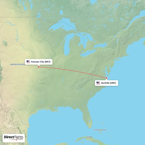 Norfolk - Kansas City direct flight map
