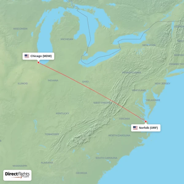 Norfolk - Chicago direct flight map