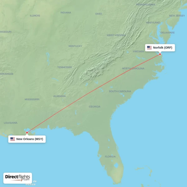 Norfolk - New Orleans direct flight map