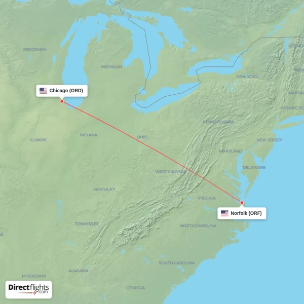 Norfolk - Chicago direct flight map