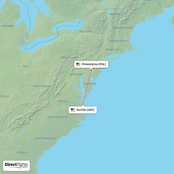 Norfolk - Philadelphia direct flight map