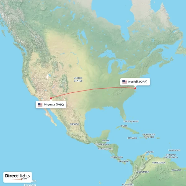 Norfolk - Phoenix direct flight map