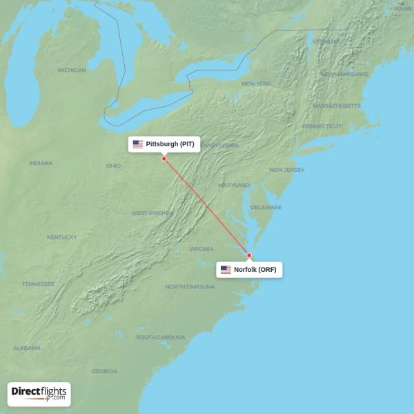 Norfolk - Pittsburgh direct flight map