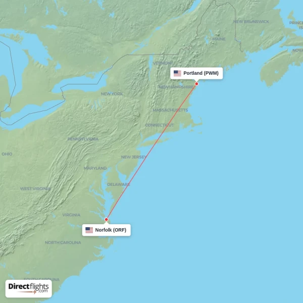 Norfolk - Portland direct flight map