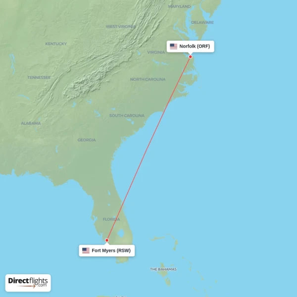 Norfolk - Fort Myers direct flight map