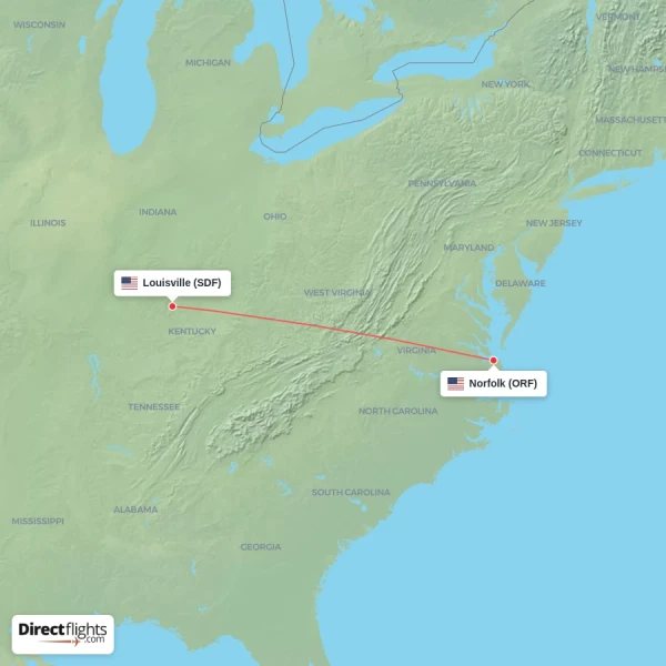 Norfolk - Louisville direct flight map