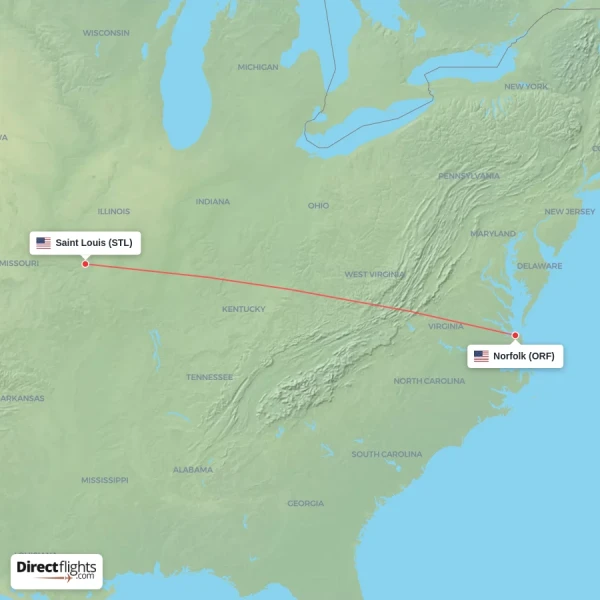 Norfolk - Saint Louis direct flight map