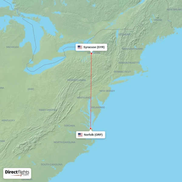 Norfolk - Syracuse direct flight map