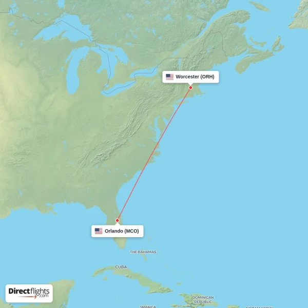 Worcester - Orlando direct flight map