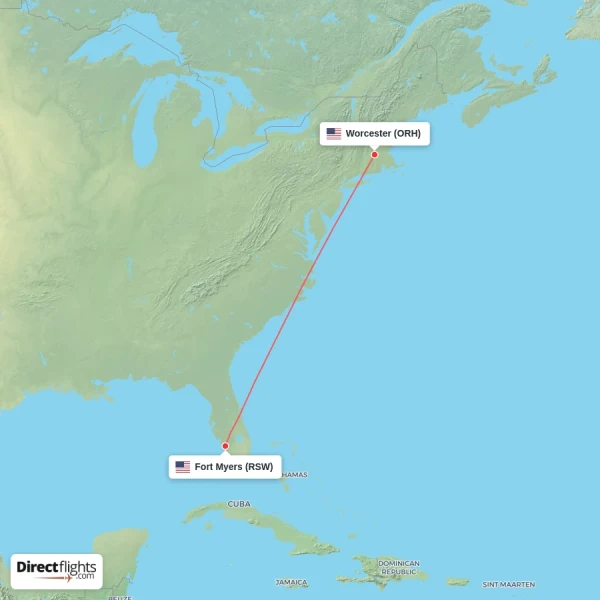 Worcester - Fort Myers direct flight map