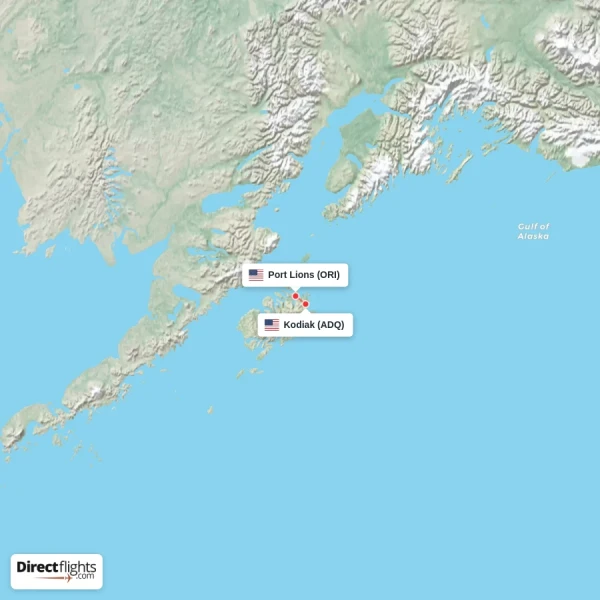 Port Lions - Kodiak direct flight map