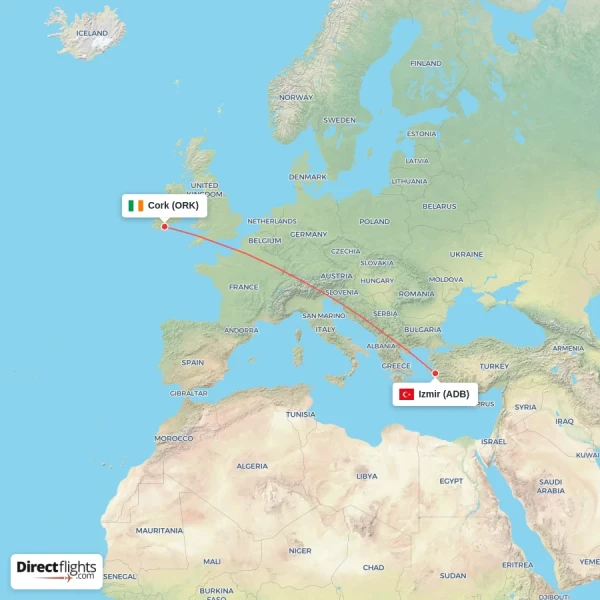 Cork - Izmir direct flight map