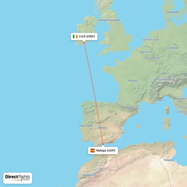 Cork - Malaga direct flight map