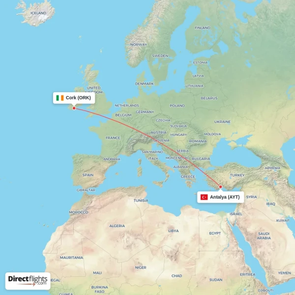 Cork - Antalya direct flight map