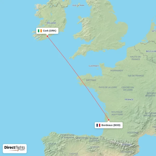 Cork - Bordeaux direct flight map