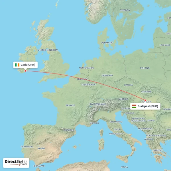 Cork - Budapest direct flight map