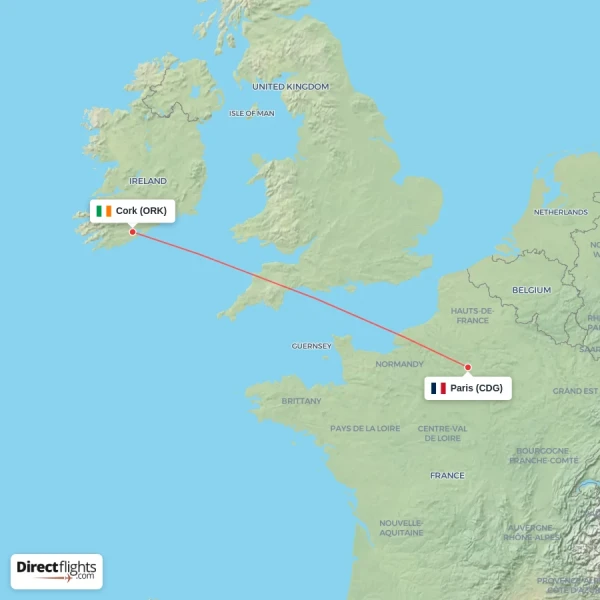 Cork - Paris direct flight map