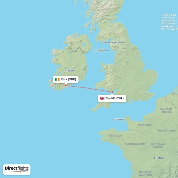 Cork - Cardiff direct flight map