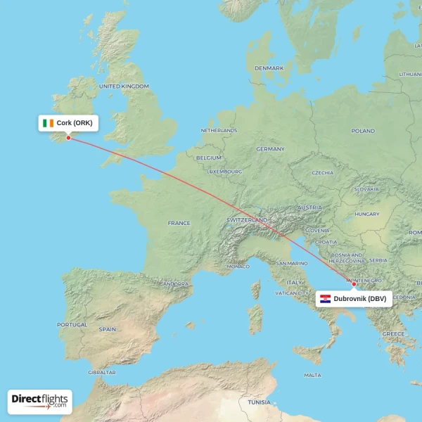 Cork - Dubrovnik direct flight map