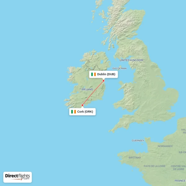 Cork - Dublin direct flight map