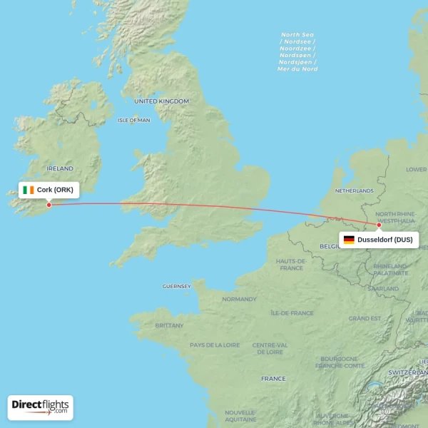Cork - Dusseldorf direct flight map