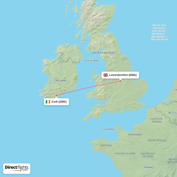 Cork - Leicestershire direct flight map