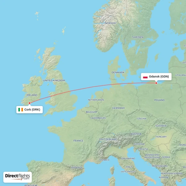 Cork - Gdansk direct flight map