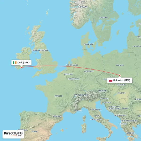 Cork - Katowice direct flight map