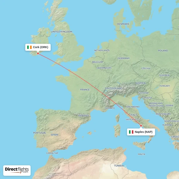 Cork - Naples direct flight map