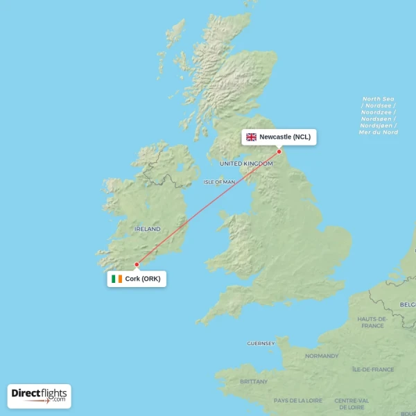 Cork - Newcastle direct flight map