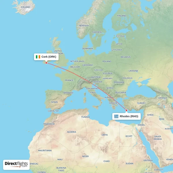 Cork - Rhodes direct flight map