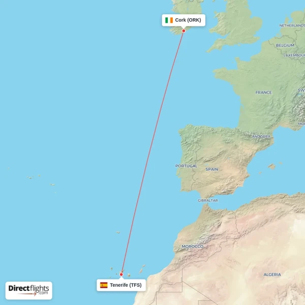 Cork - Tenerife direct flight map