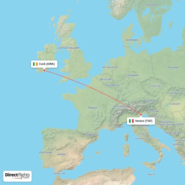 Cork - Venice direct flight map