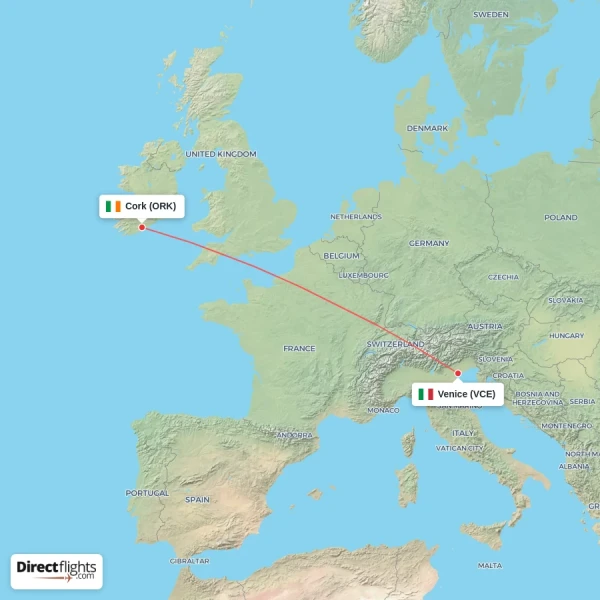 Cork - Venice direct flight map