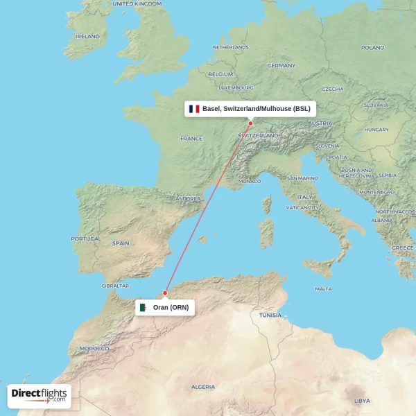 Oran - Basel, Switzerland/Mulhouse direct flight map