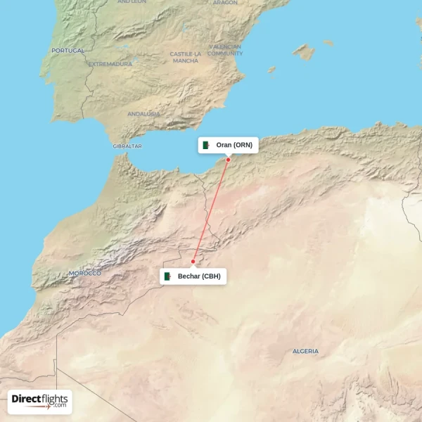 Oran - Bechar direct flight map