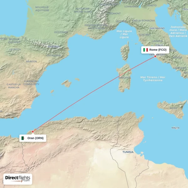 Oran - Rome direct flight map