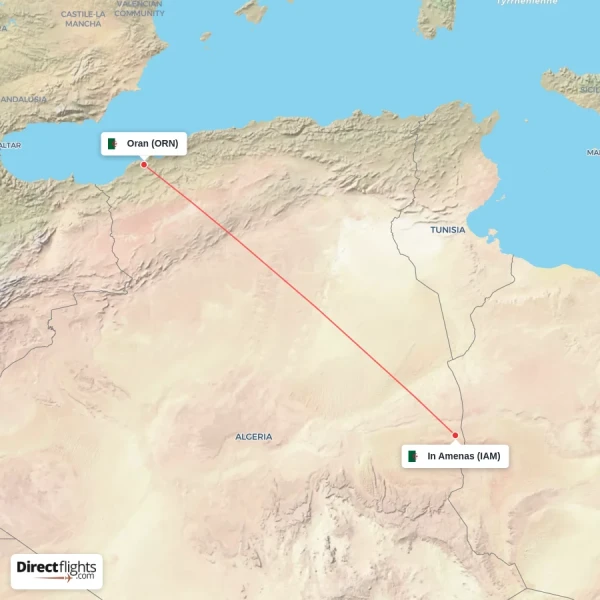 Oran - In Amenas direct flight map