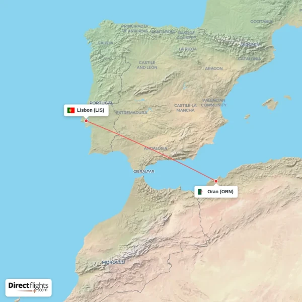 Oran - Lisbon direct flight map